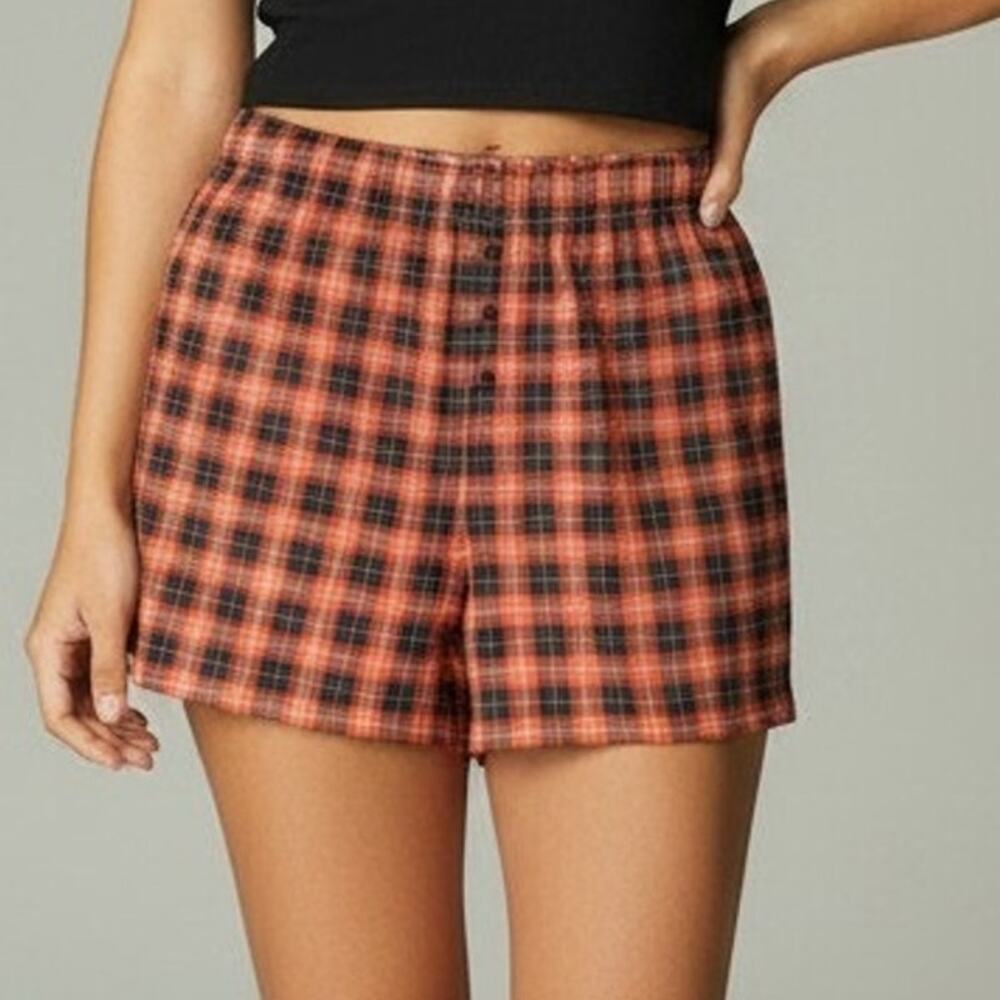 Rae Dunn Sleep Shorts Orange Plaid Button Front Cotton Blend Women's Size M